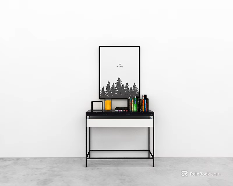 Sleek Black White Entryway Console Table With Metal Frame And Decorative Items 3d model 