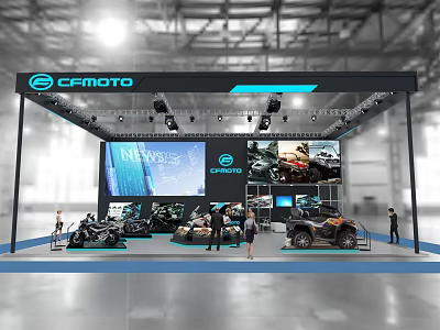 CFMOTO Exhibition Booth Showcasing Motorcycles ATVs With Large Screens And Modern Design 3d model