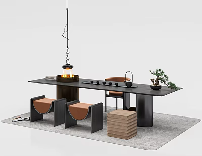 Modern Black Tea Table and Orange Cushioned Chairs with Fire Pit Tea Set and Small Plant 3d model