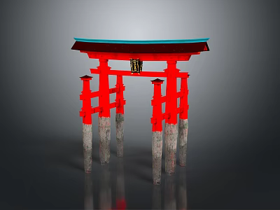 Traditional Red Torii Gate With Blue Roof And Gray Pillars 3d model