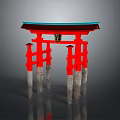 Traditional Red Torii Gate With Blue Roof And Gray Pillars