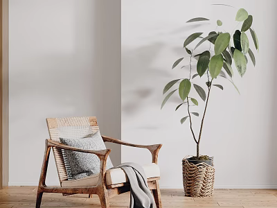 Wicker Lounge Chair With Wooden Armrests Throw Pillow And Potted Plant In Minimalist Interior 3d model