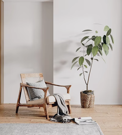 Wicker Lounge Chair With Wooden Armrests Throw Pillow And Potted Plant In Minimalist Interior 3d model