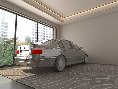 Silver Sedan Showcased In Modern Indoor Space With Large Windows And Wavy Carpet 3d model