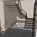 Modern Staircase with Wooden Steps and Metal Railings in Minimal Interior with Pebble Tree Landscape