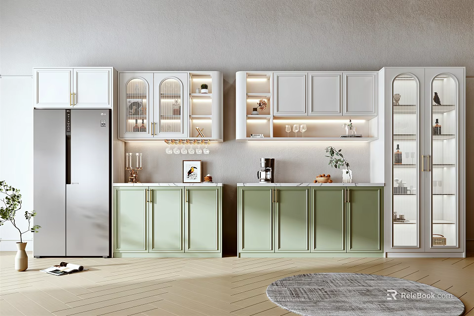 Modern Wine Cabinet Interior Design With Glass Door LED Lighting And Green Storage Cabinets 3d model 