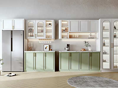 Modern Wine Cabinet Interior Design With Glass Door LED Lighting And Green Storage Cabinets 3d model