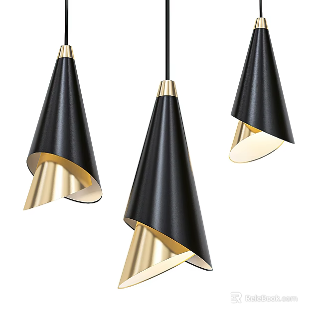 Modern Black And Gold Conical Pendant Lights Set Of Three With Stylish Metallic Design 3d model 