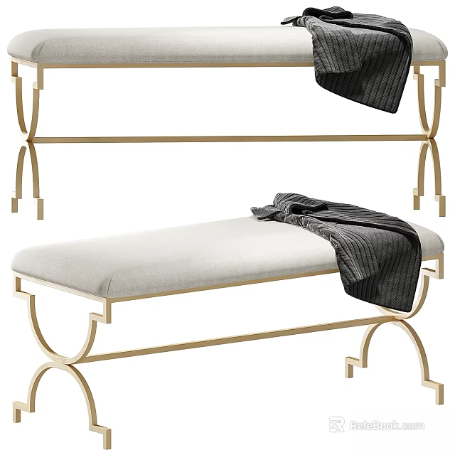 Stylish Beige Upholstered Bench with Gold Metal Frame and Dark Draped Blanket 3d model 