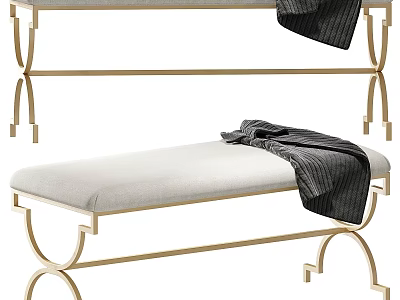 Stylish Beige Upholstered Bench with Gold Metal Frame and Dark Draped Blanket 3d model