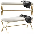 Stylish Beige Upholstered Bench with Gold Metal Frame and Dark Draped Blanket