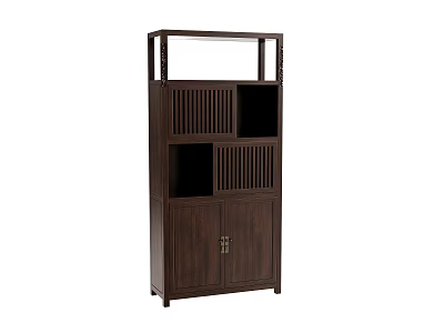 Chinese Style Solid Wood Bookcase With Multiple Compartments Vertical Stripes And Cabinet Doors 3d model
