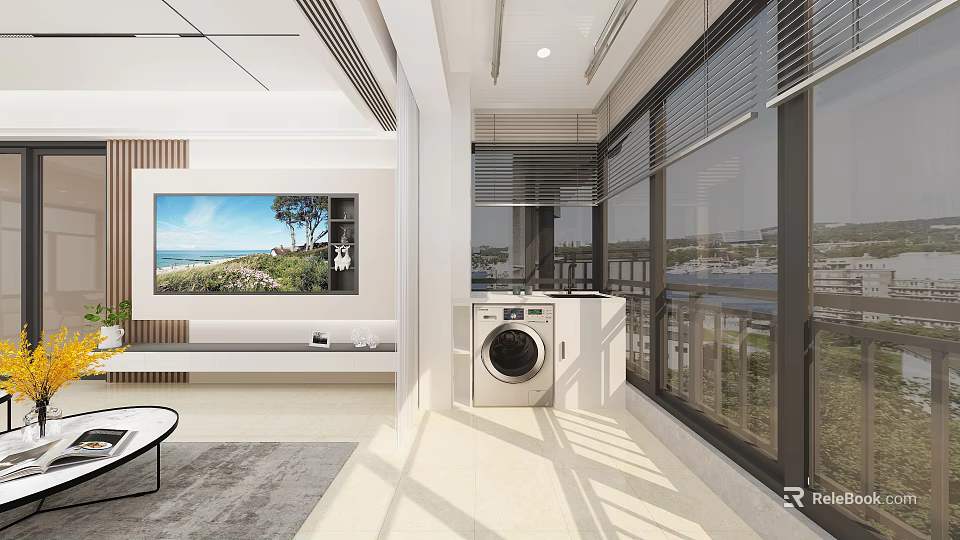 Modern Living Dining Room Interior Design With TV Wall Large Windows Sofa And Dining Table 3d model