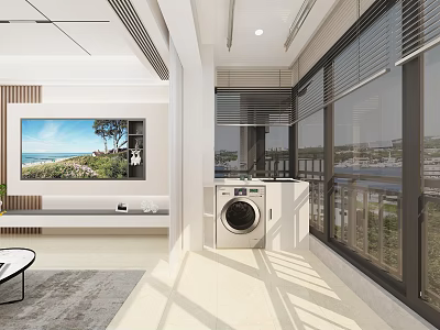 Modern Living Dining Room Interior Design With TV Wall Large Windows Sofa And Dining Table 3d model