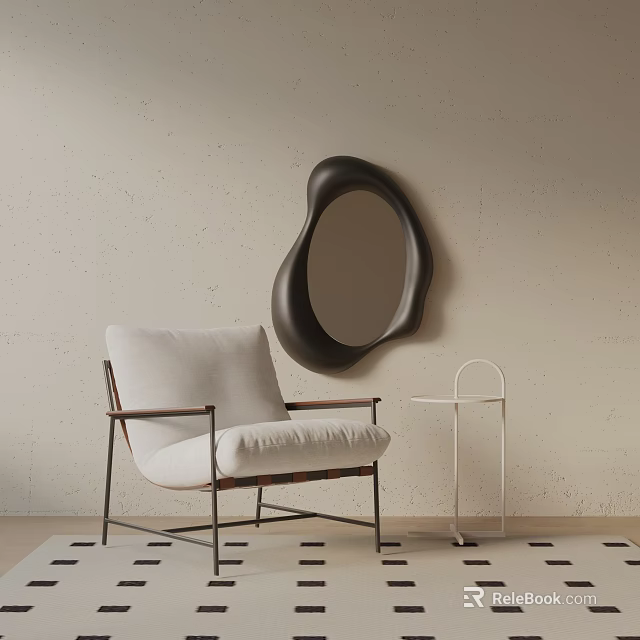 Modern Leisure Chair With Black Irregular Mirror And White Side Table On Light Wall Background 3d model 