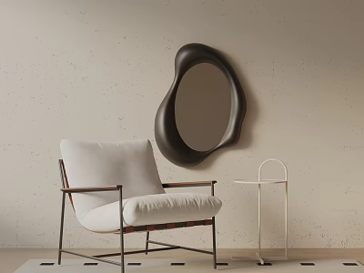 Modern Leisure Chair With Black Irregular Mirror And White Side Table On Light Wall Background 3d model