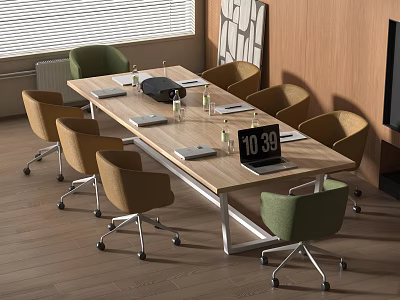 Modern Office Conference Table With Wooden Top Metal Frame Chairs Notebooks And Digital Device 3d model