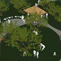 Lush Garden Landscape Featuring Fruit Trees Thatched Pavilion Stone Pathways And People Relaxing