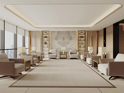 Modern Luxury Lounge With Beige Sofas Marble Accent Wall And City View Through Large Windows 3d model