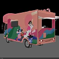 Pink Coffee Truck With Cartoon Patterns Awning And Serving Window Appliances