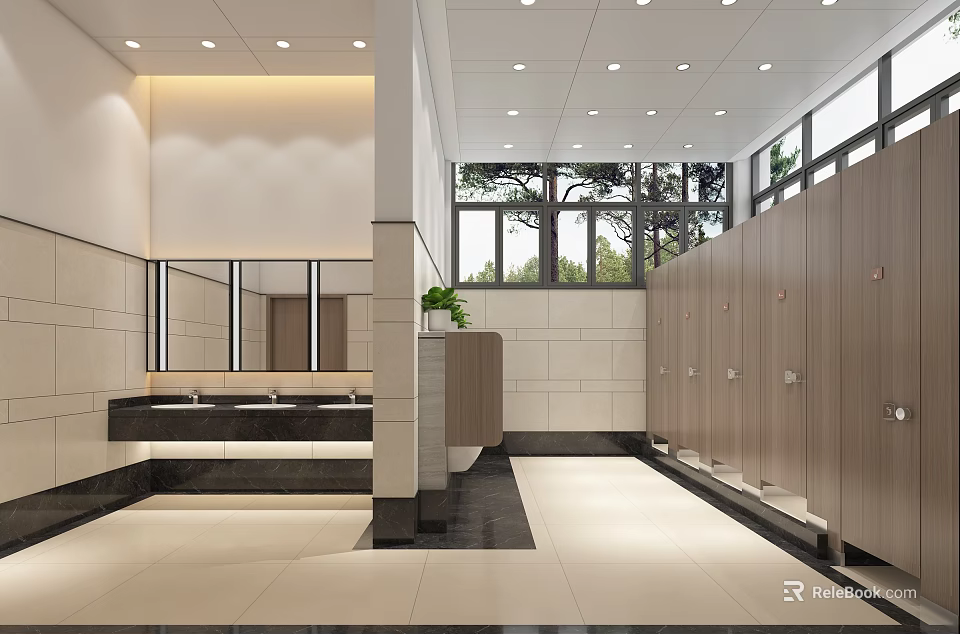 Public Restroom Modern Spacious Interior With Natural Light Washbasins Mirrors Wooden Cubicles And Green Plants 3d model 