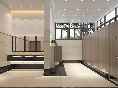 Public Restroom Modern Spacious Interior With Natural Light Washbasins Mirrors Wooden Cubicles And Green Plants 3d model