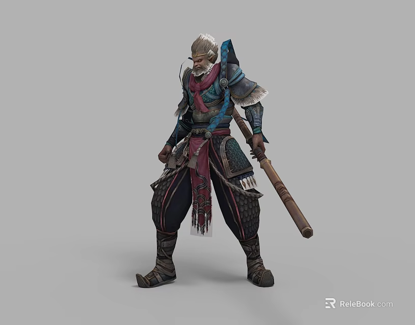 Eastern Style Warrior Character Wearing Armored Helmet Decorative Scarf And Staff Weapon In Game Design 3d model 