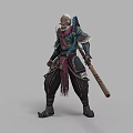 Eastern Style Warrior Character Wearing Armored Helmet Decorative Scarf And Staff Weapon In Game Design