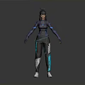Woman In Blue Black Futuristic Athletic Outfit With Ponytail Gloves And White Shoes