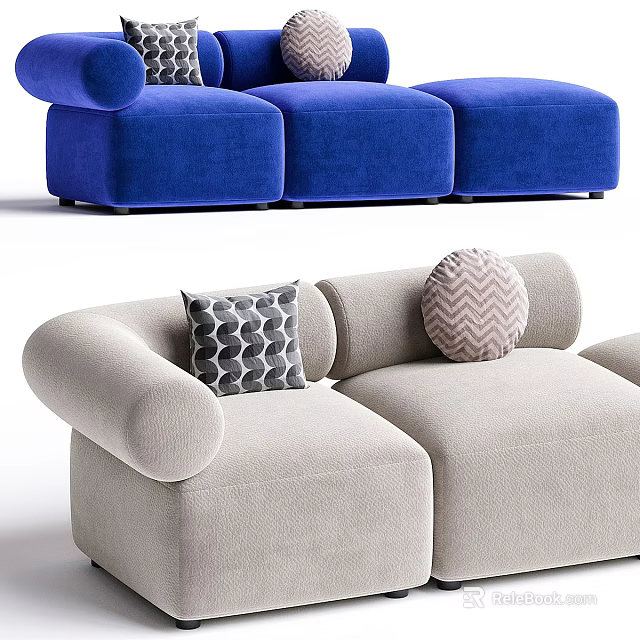 Modern Neutral Beige Three Seater Sofa With Round Armrests And Geometric Pillows 3d model