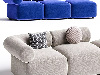 Modern Neutral Beige Three Seater Sofa With Round Armrests And Geometric Pillows 3d model