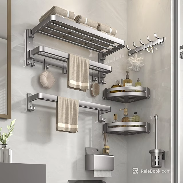 Modern Bathroom Combination With Multi Tier Metal Racks Towel Holders And Wall Hooks 3d model 