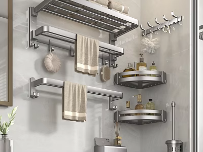 Modern Bathroom Combination With Multi Tier Metal Racks Towel Holders And Wall Hooks 3d model