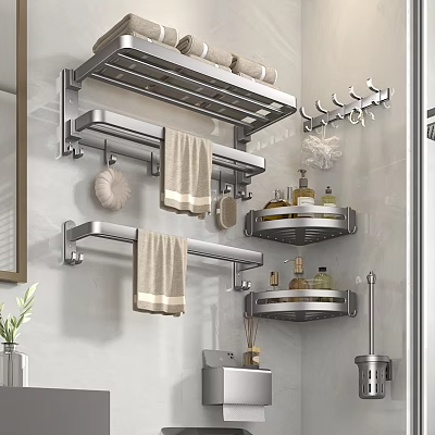 Modern Bathroom Combination With Multi Tier Metal Racks Towel Holders And Wall Hooks 3d model