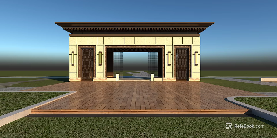 Traditional Style Pavilion Entrance Design With Wooden Floor Stone Walls And Hanging Lanterns 3d model 