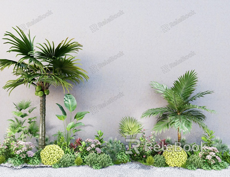 Courtyard garden plant flower border tree shrub ball palm tree green plant pile plant combination model