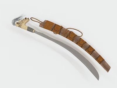 Vintage Curved Blade Weapon Featuring Ornate Leather Sheath and Decorative Handle Tassel 3d model