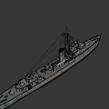 Gray Warship As Water Transport With Smokestack Mast And Hull Structure
