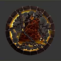 Volcanic Themed Decorative Structure With Lava Red Design Flaming Accents And Circular Stone Base