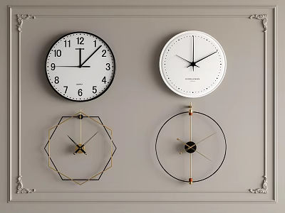 Different Designed Wall Clocks On Decorative Wall 3d model