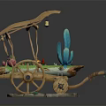 Decorative Wooden Cart Model With Green Plants Pink Flowers Small Lantern And Stone Base