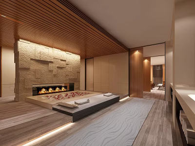 Modern Natural SPA Sauna Room Interior With Wooden Ceiling Stone Wall Fireplace And Tatami Bed 3d model