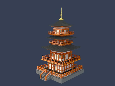 Traditional Ancient Pagoda Architecture With Multi Story Wooden Eaves And Golden Decorations 3d model