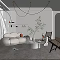 Modern Living Room Interior with White Sofa Curved Chandelier Green Plant and Round Coffee Table