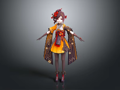 Child In Orange Brown Red Traditional Outfit With Floral Hair Bow Patterned Robe Shoes Socks 3d model