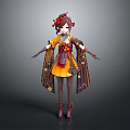 Child In Orange Brown Red Traditional Outfit With Floral Hair Bow Patterned Robe Shoes Socks