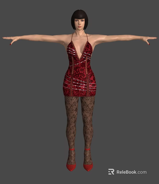 Woman in Red V Neck Lace Dress with Black Patterned Stockings and Red High Heels 3d model 