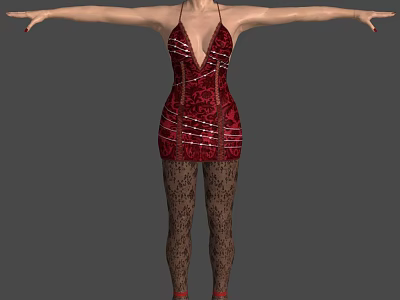 Woman in Red V Neck Lace Dress with Black Patterned Stockings and Red High Heels 3d model