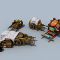 Vintage Wooden Wagons with Cloth Covers Barrels and Jars in Retro Style