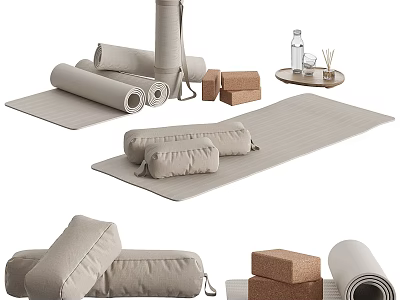 Neutral Natural Decorative Ornament Set with Rolled Mats Soft Cushions Cork Blocks and Tray 3d model
